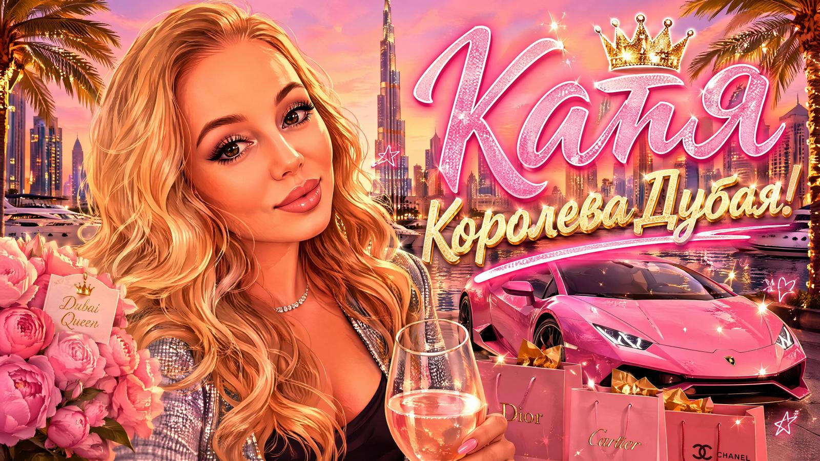 Катя Королева Дубая cover artwork with Dubai skyline, crown, flowers, and pink car